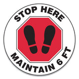 Slip-gard Social Distance Floor Signs, 17" Circle, "stop Here Maintain 6 Ft", Footprint, Red-white, 25-pack