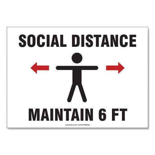 Social Distance Signs, Wall, 14 X 10, "social Distance Maintain 6 Ft", Human-arrows, White, 10-pack