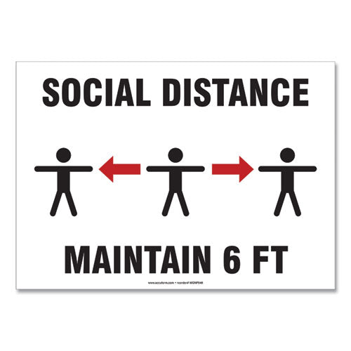 Social Distance Signs, Wall, 14 X 10, "social Distance Maintain 6 Ft", 3 Humans-arrows, White, 10-pack