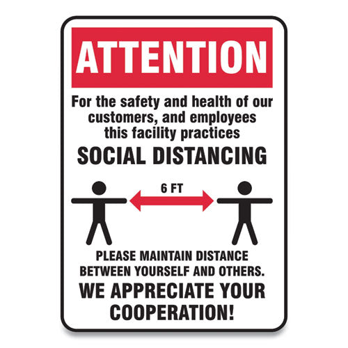 Social Distance Signs, Wall, 7 X 10, Customers And Employees Distancing, Humans-arrows, Red-white, 10-pack