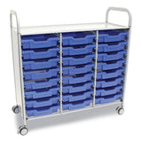 Callero Plus Treble Column Trolley Set 03, Metal, 1 Shelf, 24 F1 Shallow Bins, 40.6" X 17.3" X 41.5", Silver/royal Blue