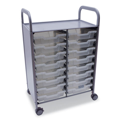 Callero Plus Double Column Trolley Set 5, Metal, 1 Shelf, 16 F1 Shallow Bins, 27.4" X 17.3" X 41.5", Silver/translucent Frost