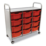 Callero Plus Treble Column Trolley Set 13, Metal, 1 Shelf, 12 F2 Deep Bins, 40.6" X 17.3" X 41.5", Silver/flame Red