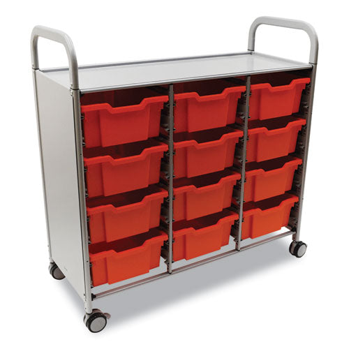 Callero Plus Treble Column Trolley Set 13, Metal, 1 Shelf, 12 F2 Deep Bins, 40.6" X 17.3" X 41.5", Silver/flame Red