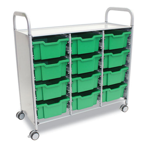 Callero Plus Treble Column Trolley Set 13, Metal, 1 Shelf, 12 F2 Deep Bins, 40.6" X 17.3" X 41.5", Silver/grass Green