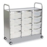Callero Plus Treble Column Trolley Set 13, Metal, 1 Shelf, 12 F2 Deep Bins, 40.6" X 17.3" X 41.5", Silver/translucent Frost