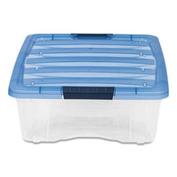 Stack And Pull Latching Flat Lid Storage Box, 6.73 Gal, 16.5" X 22" X 6.5", Clear-translucent Blue