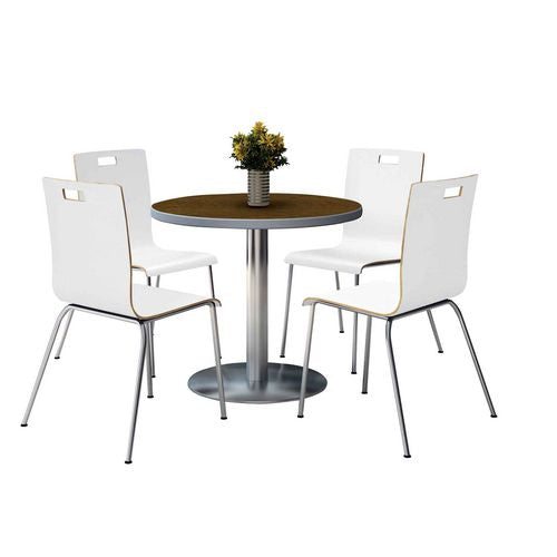 Pedestal Table With Four White Jive Series Chairs, Round, 36" Dia X 29h, Walnut, Ships In 4-6 Business Days