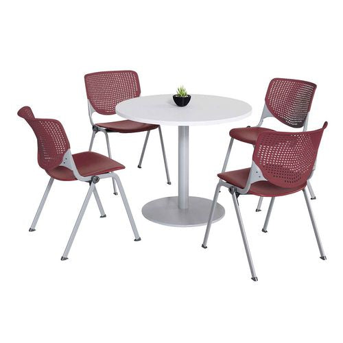 Pedestal Table With Four Burgundy Kool Series Chairs, Round, 36" Dia X 29h, Designer White, Ships In 4-6 Business Days