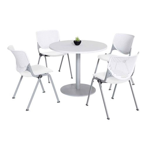 Pedestal Table With Four White Kool Series Chairs, Round, 36" Dia X 29h, Designer White, Ships In 4-6 Business Days