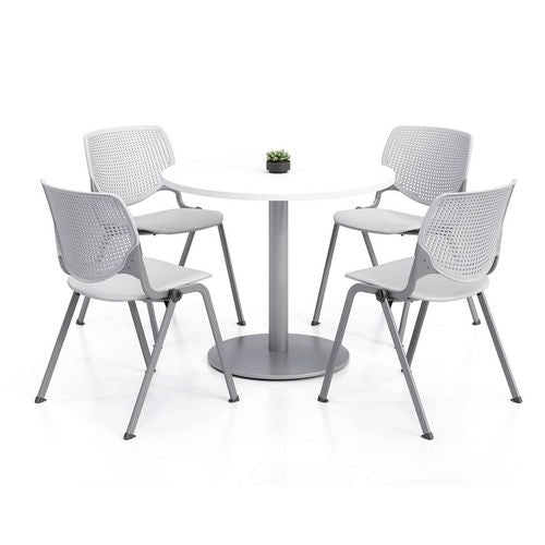 Pedestal Table With Four Light Gray Kool Series Chairs, Round, 36" Dia X 29h, Designer White, Ships In 4-6 Business Days