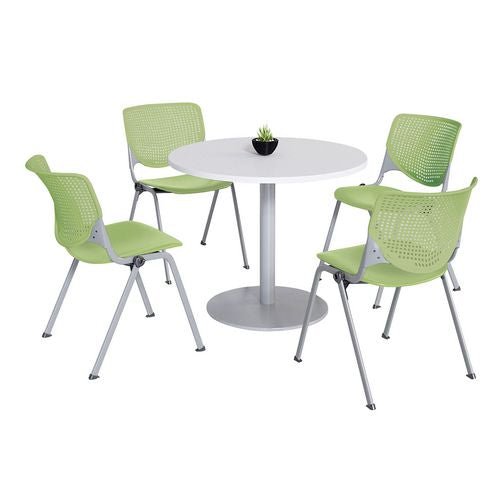 Pedestal Table With Four Lime Green Kool Series Chairs, Round, 36" Dia X 29h, Designer White, Ships In 4-6 Business Days