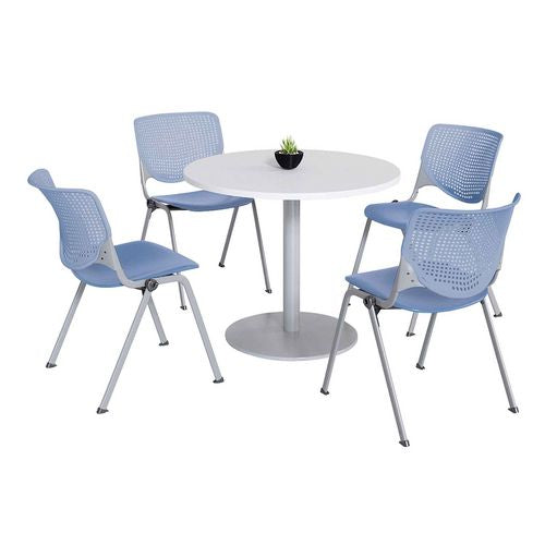 Pedestal Table With Four Periwinkle Kool Series Chairs, Round, 36" Dia X 29h, Designer White, Ships In 4-6 Business Days