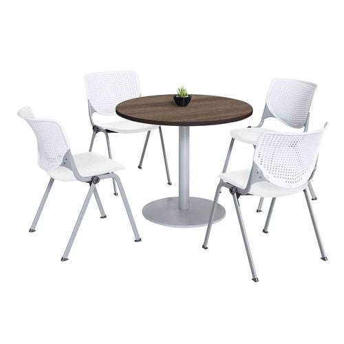 Pedestal Table With Four White Kool Series Chairs, Round, 36" Dia X 29h, Studio Teak, Ships In 4-6 Business Days