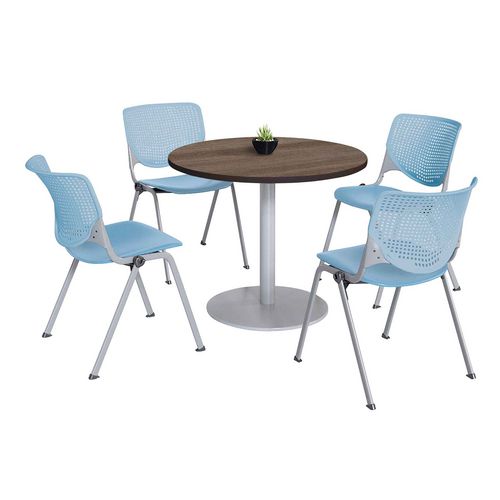 Pedestal Table With Four Sky Blue Kool Series Chairs, Round, 36" Dia X 29h, Studio Teak, Ships In 4-6 Business Days