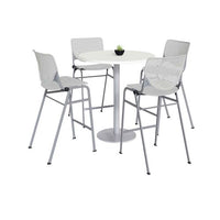 Pedestal Bistro Table With Four Light Gray Kool Series Barstools, Round, 36" Dia X 41h, Designer White, Ships In 4-6 Bus Days