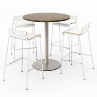 Pedestal Bistro Table With Four White Jive Series Barstools, Round, 36" Dia X 41h, Studio Teak, Ships In 4-6 Business Days