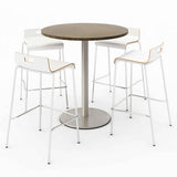 Pedestal Bistro Table With Four White Jive Series Barstools, Round, 36" Dia X 41h, Studio Teak, Ships In 4-6 Business Days