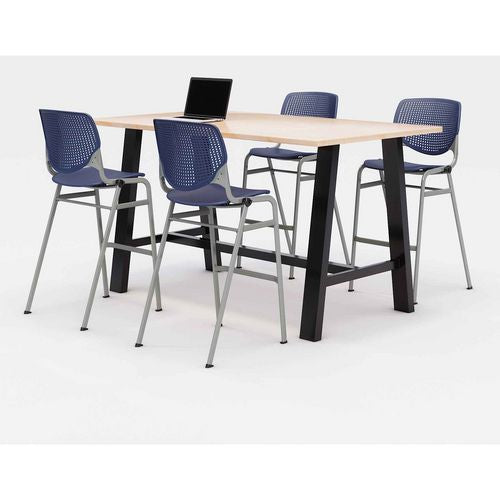 Midtown Bistro Dining Table With Four Navy Kool Barstools, 36 X 72 X 41, Kensington Maple, Ships In 4-6 Business Days