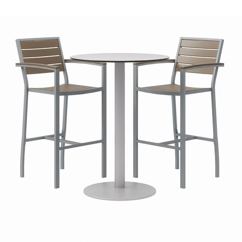 Eveleen Outdoor Bistro Patio Table, 2 Mocha Powder-coated Polymer Barstools, Round, 30" Dia X 41h, Gray,ships In 4-6 Bus Days