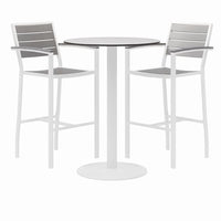 Eveleen Outdoor Bistro Patio Table, 2 Gray Powder-coated Polymer Barstools, Round, 30" Dia X 41h, White,ships In 4-6 Bus Days