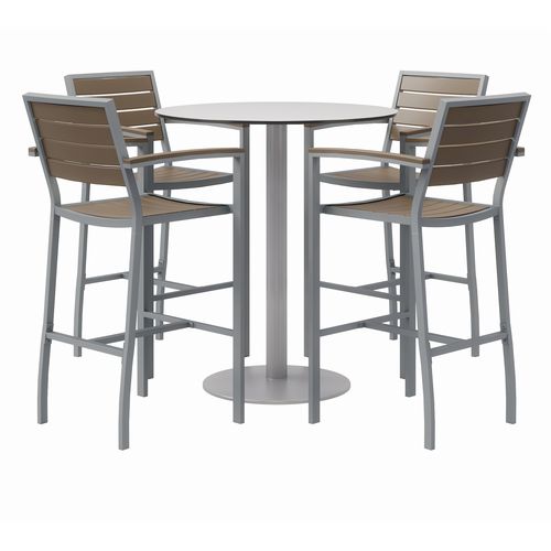 Eveleen Outdoor Bistro Patio Table W/ Four Mocha Powder-coated Polymer Barstools, Round, 41"h, Gray, Ships In 4-6 Bus Days