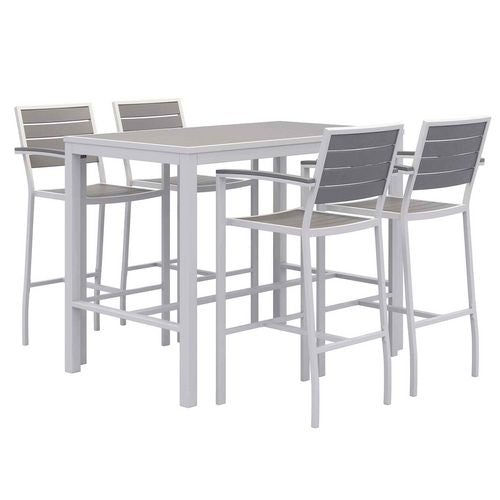 Eveleen Outdoor Bistro Patio Table With Four Gray Powder-coated Polymer Barstools, 32 X 55, Gray, Ships In 4-6 Business Days