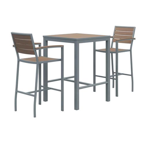 Eveleen Outdoor Bistro Patio Table With Two Mocha Powder-coated Polymer Barstools, 30" Square, Mocha, Ships In 4-6 Bus Days