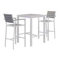 Eveleen Outdoor Bistro Patio Table With Two Gray Powder-coated Polymer Barstools, 30" Square, Gray, Ships In 4-6 Bus Days