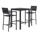 Eveleen Outdoor Bistro Patio Table With Two Black Powder-coated Polymer Barstools, 30" Square, Black, Ships In 4-6 Bus Days
