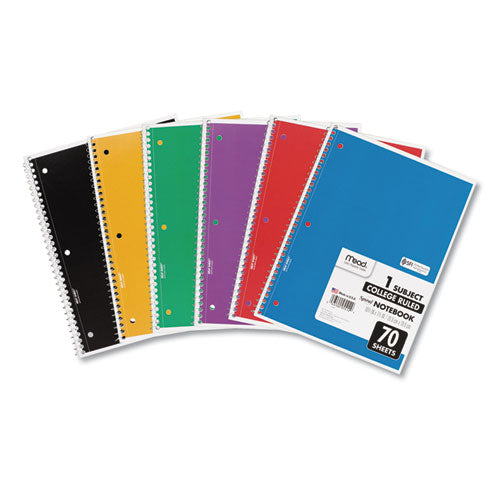 Spiral Notebook, 1 Subject, Medium-college Rule, Assorted Color Covers, 10.5 X 8, 70 Sheets, 6-pack