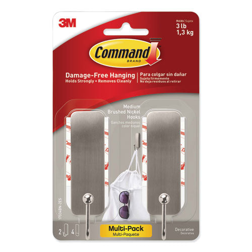 Decorative Hooks, Medium, Brushed Nickel, 2 Hook And 4 Strips-pack