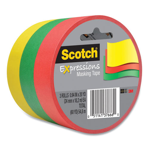 Expressions Masking Tape, 3" Core, 0.94" X 20 Yds, Red, Green, Yellow, 3 Rolls-pack