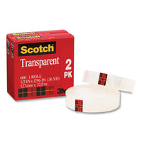 Transparent Tape, 1" Core, 0.5" X 36 Yds, Crystal Clear, 2-pack