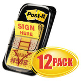 Arrow Message 1" Page Flags, Sign Here, Yellow, 50-dispenser, 12 Dispensers-pk