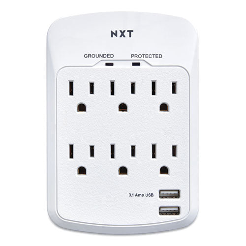 Wall-mount Surge Protector, 6 Ac Outlets, 2 Usb Ports, 1200 J, White