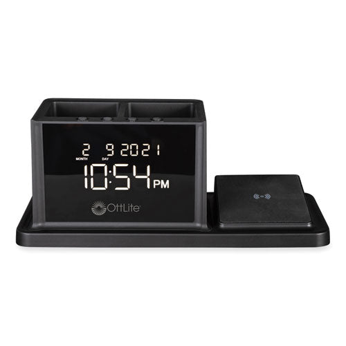 Desktop Organizer W/led Alarm Clock/device Charger, 2 Compartments, 10.68 X 4.88 X 4.32, Black, Plastic,ships In 1-3 Bus Days