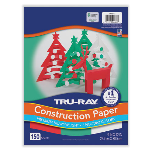 Tru-ray Construction Paper, 70 Lb Text Weight, 9 X 12, Assorted Holiday Colors, 150/pack