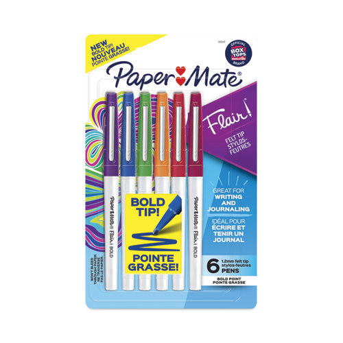 Flair Felt Tip Porous Point Pen, Stick, Bold 1.2 Mm, Assorted Ink Colors, White Pearl Barrel, 6-pack