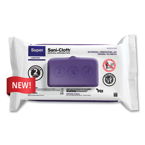 Super Sani-cloth Germicidal Disposable Wipes, Large, 8.2 X 9.8, Unscented, White, 80-pack