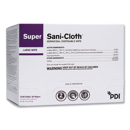 Super Sani-cloth Individually Wrapped Germicidal Disposable Wipes, Large, 5 X 8, Unscented, White, 50-pack