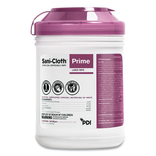 Sani-cloth Prime Germicidal Disposable Wipes, Large, 6 X 6.75, Unscented, White, 160-canister, 12 Canisters-carton