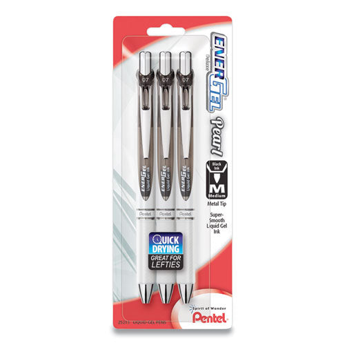 Energel Pearl Gel Pen, Retractable, Medium 0.7 Mm, Black Ink, White-black Barrel, 3-pack