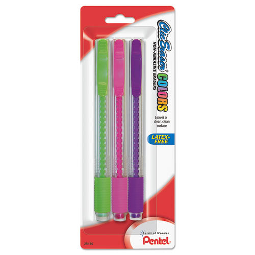 Clic Eraser Colors Eraser, White Polyvinyl Chloride Eraser, Assorted Barrel, 3-pack