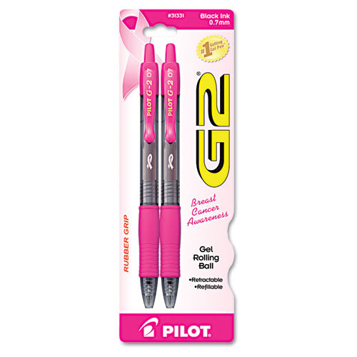 G2 Premium Breast Cancer Awareness Gel Pen, Retractable, Fine 0.7 Mm, Black Ink, Translucent Pink Barrel, 2-pack