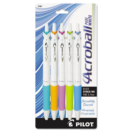 Acroball Purewhite Advanced Ink Ballpoint Pen, Retractable, Fine 0.7 Mm, Black Ink, Assorted Barrel Colors, 5-pack
