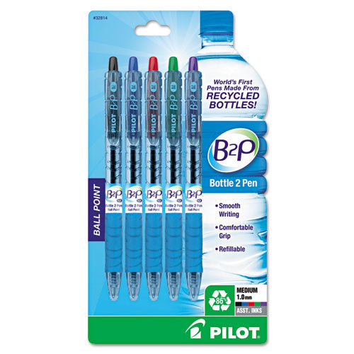 B2p Bottle-2-pen Recycled Ballpoint Pen, Retractable, Medium 1 Mm, Assorted Ink Colors, Translucent Blue Barrel, 5-pack