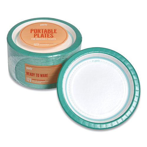 Everyday Paper Plates, 8.5" Dia, White-teal, 125-pack
