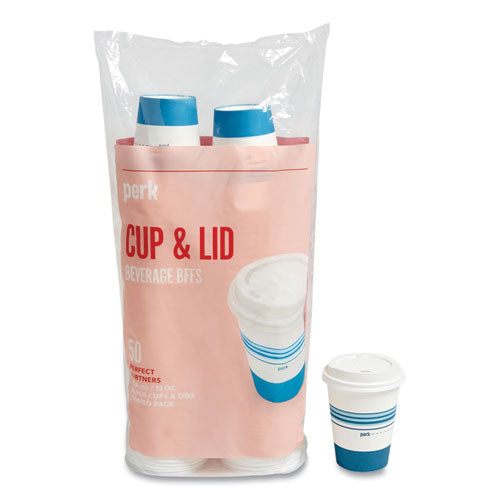 Paper Hot Cup And Plastic Dome Lid Combo, 12 Oz, White-blue, 50 Sets-pack