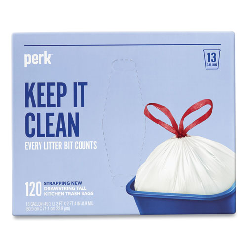 Drawstring Tall Kitchen Trash Bags, 13 Gal, 0.9 Mil, 28" X 24", White, 120-box